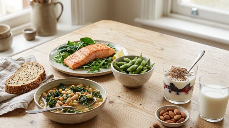 Menopause-friendly foods: salmon on greens, edamame, yogurt with flaxseed, milk and whole grain bread