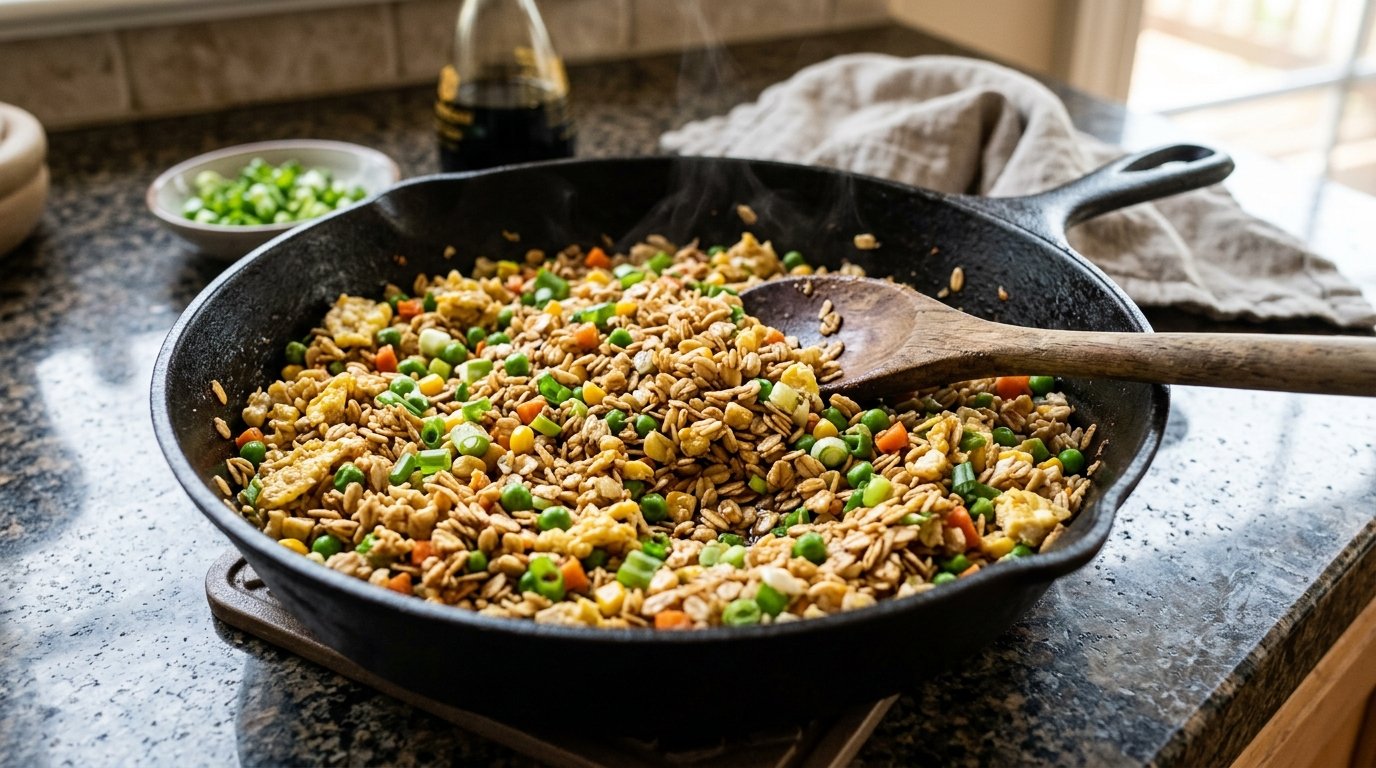 Egg fried oats with peas and carrots in a skillet