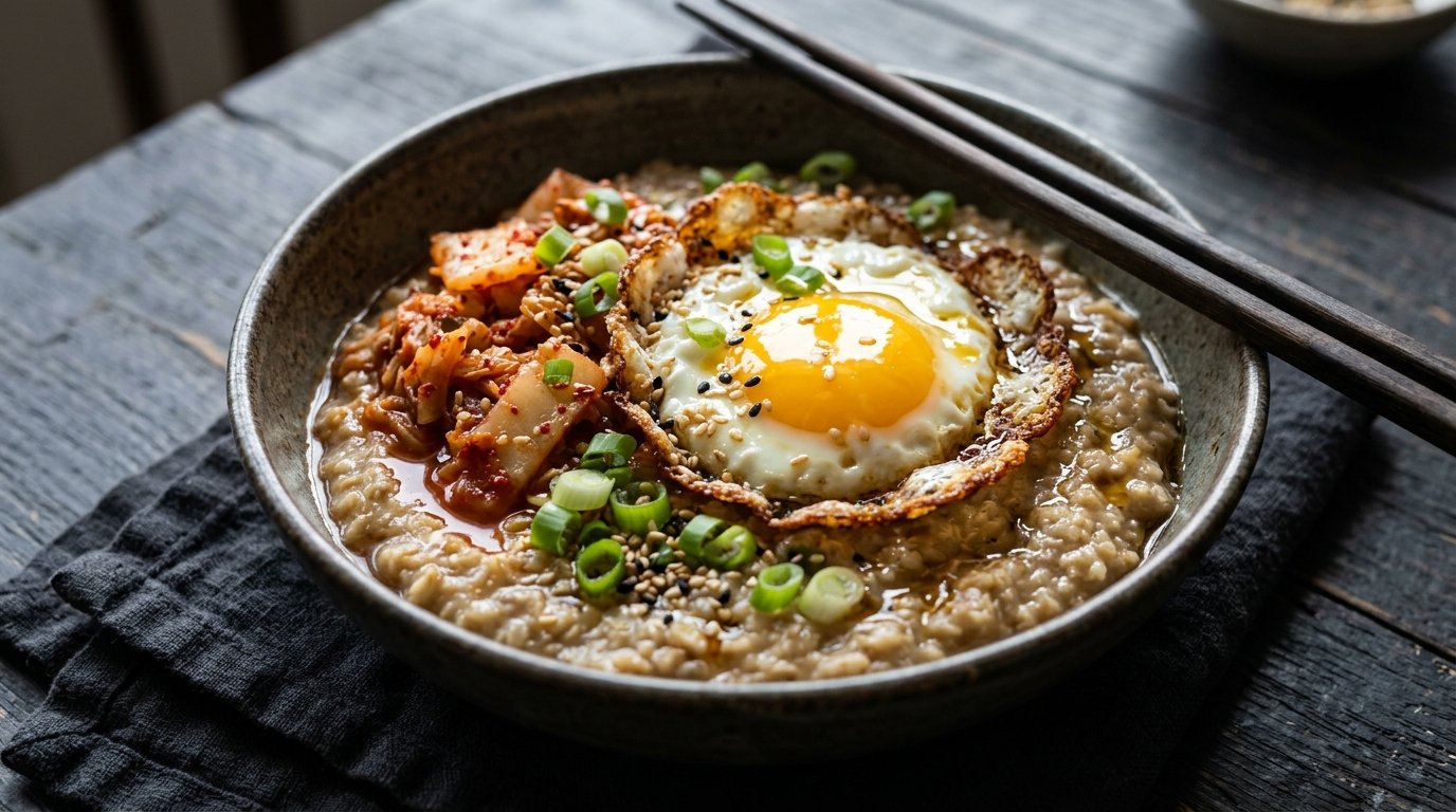 Korean style savory oats with kimchi and a fried egg