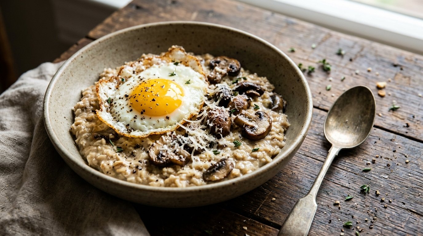 Oats and eggs: mushroom and thyme savory oatmeal with a fried egg