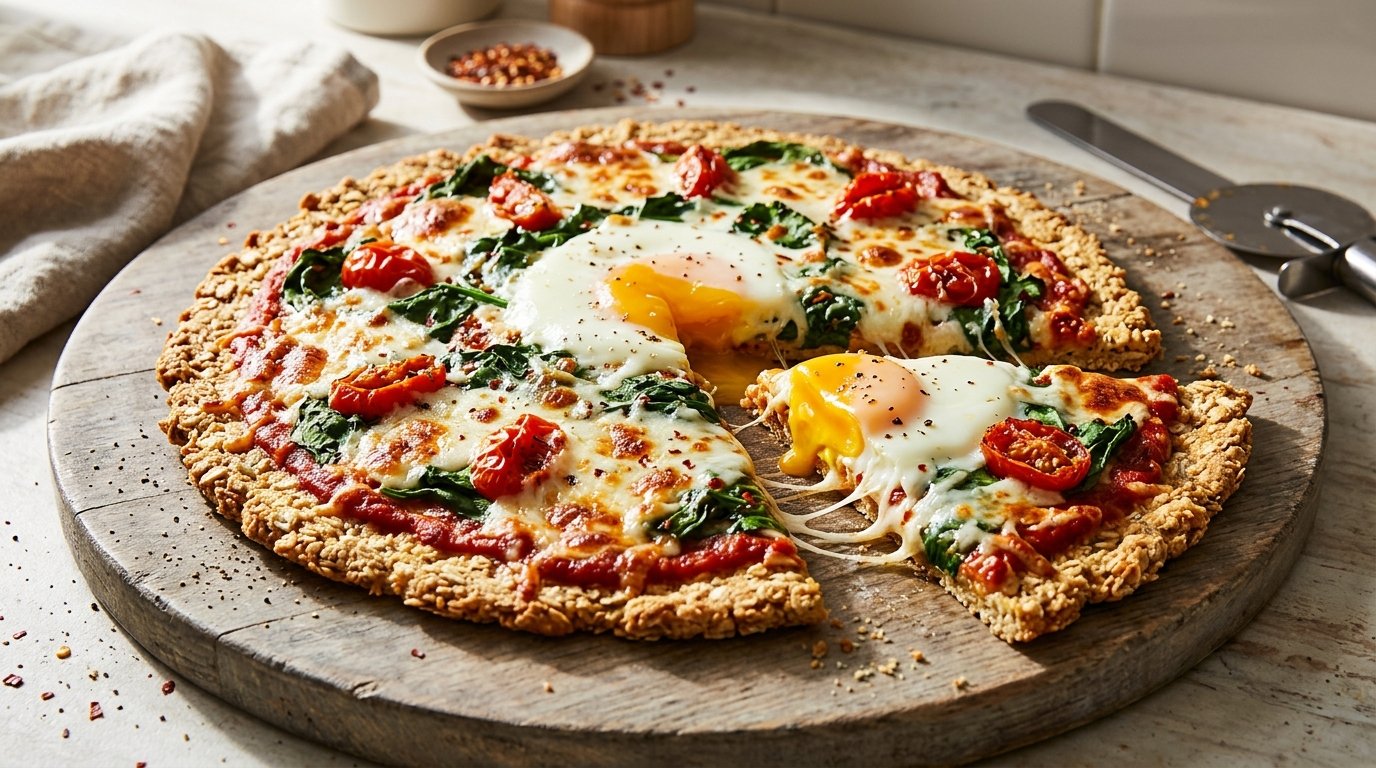 Oats and eggs breakfast pizza with baked eggs and spinach
