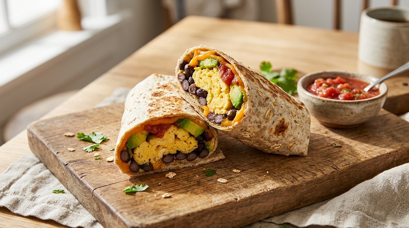 Oats and eggs flatbread wrap filled with scrambled eggs, beans and avocado