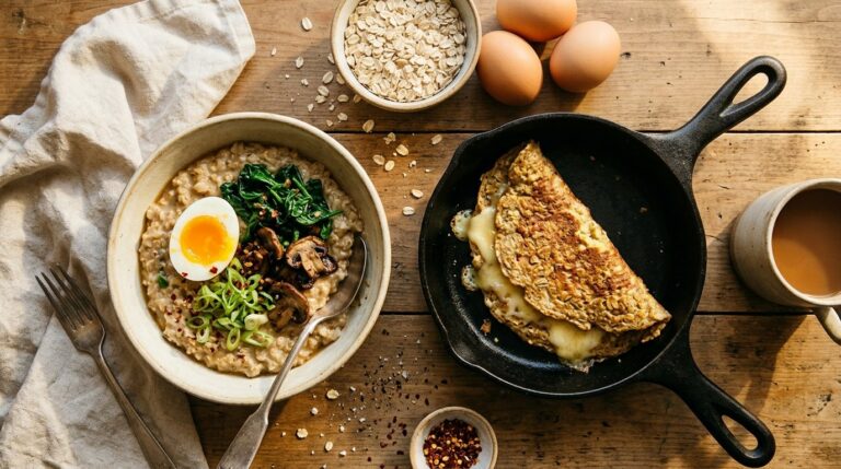 Oats and eggs breakfast: savory oatmeal with a jammy egg and an oat pancake folded with cheese in a skillet