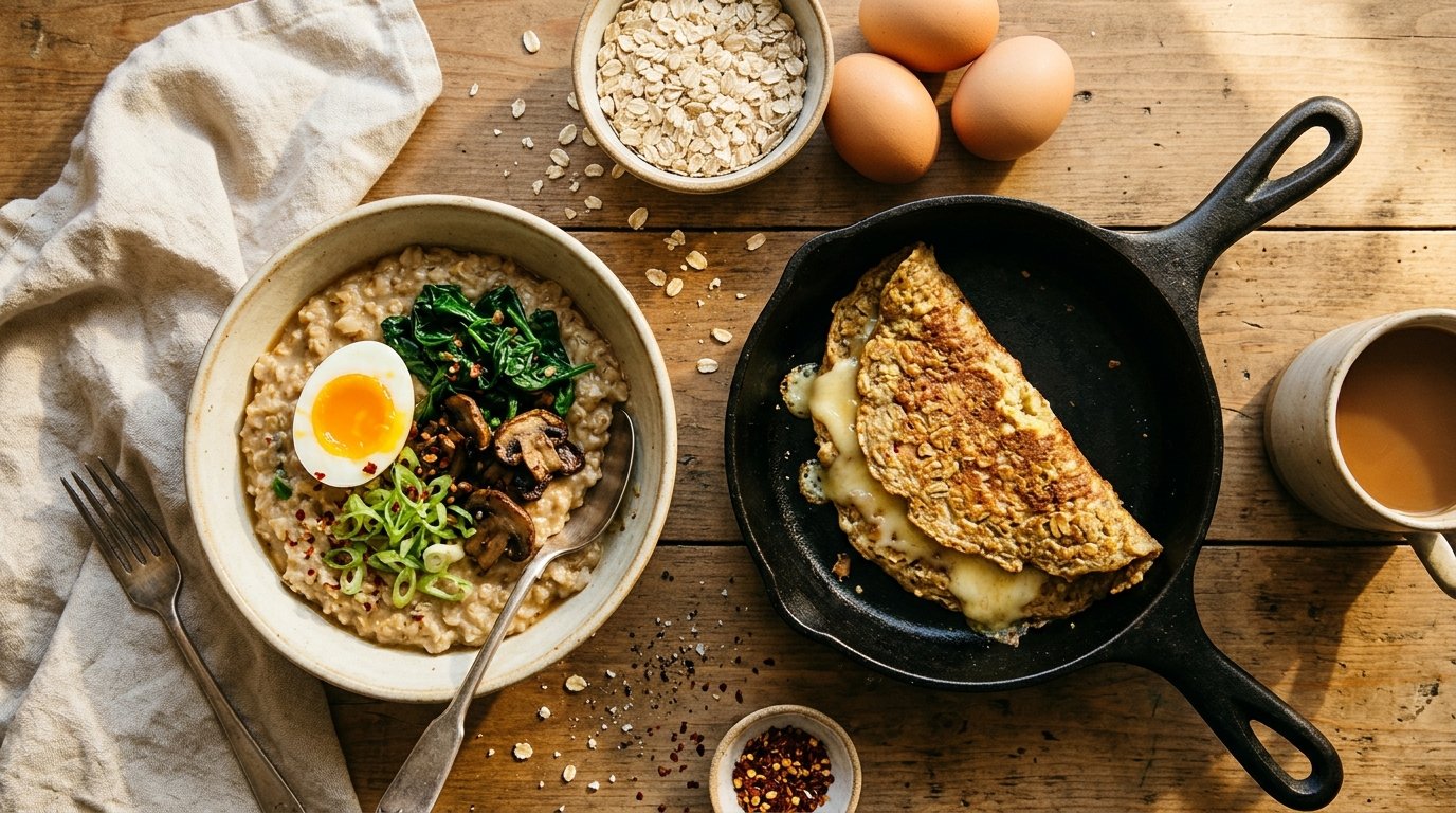 Oats and eggs breakfast: savory oatmeal with a jammy egg and an oat pancake folded with cheese in a skillet