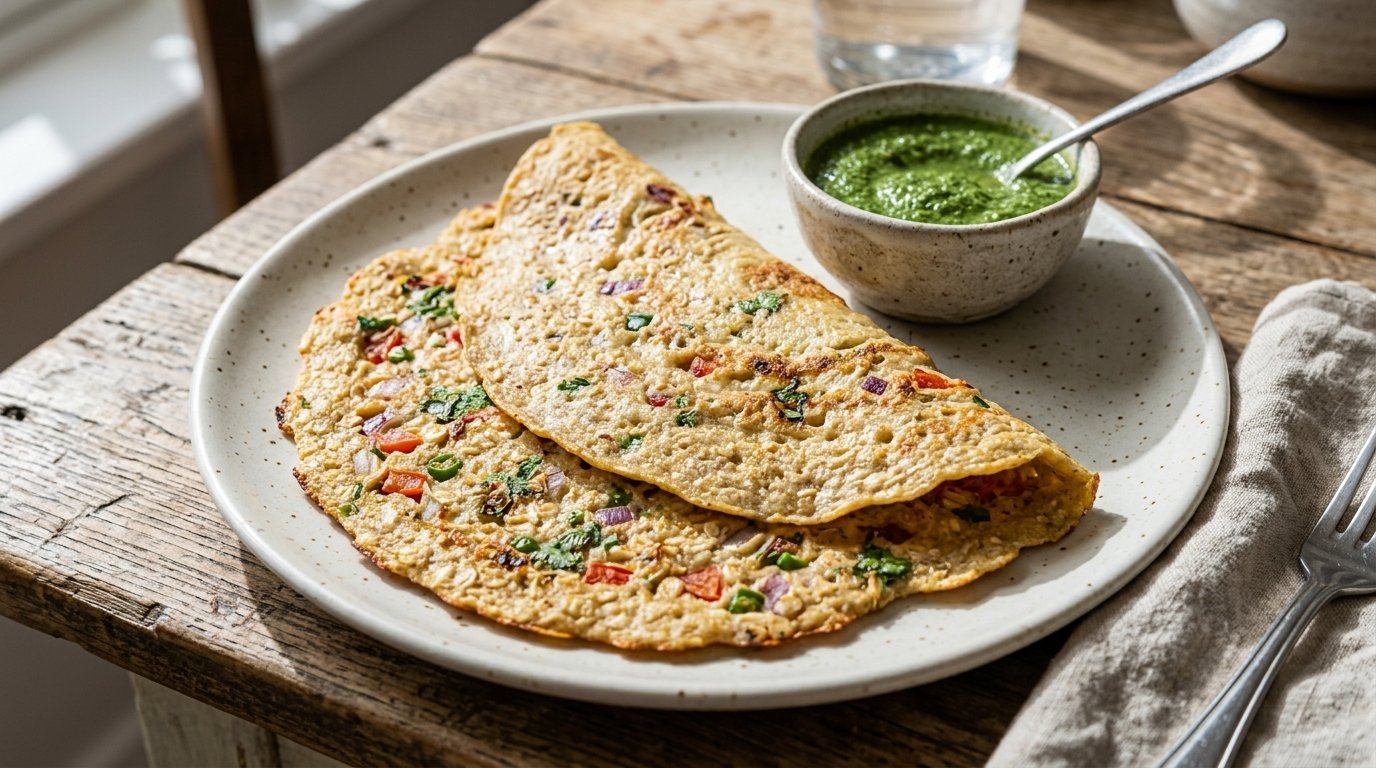 Oats chilla, savory oat and egg crepes with mint chutney