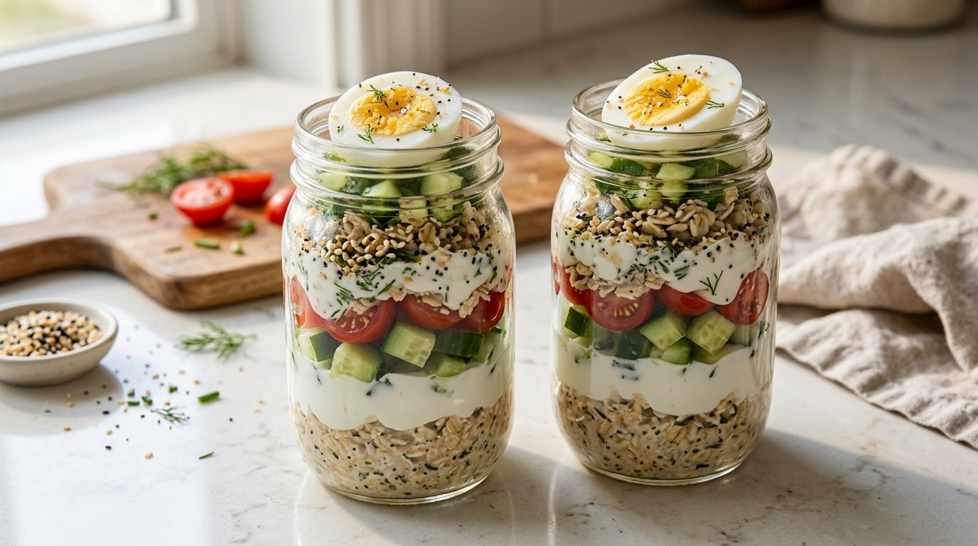 Savory overnight oats jars topped with hard boiled eggs