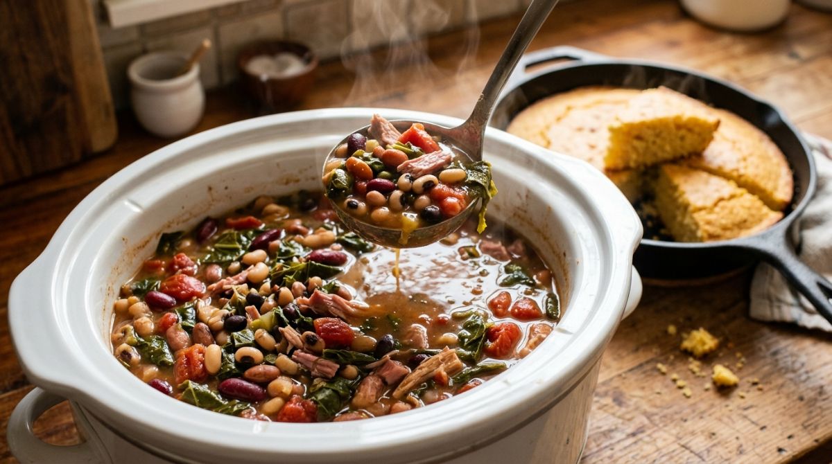 Slow cooker 15 bean soup with collard greens and cornbread