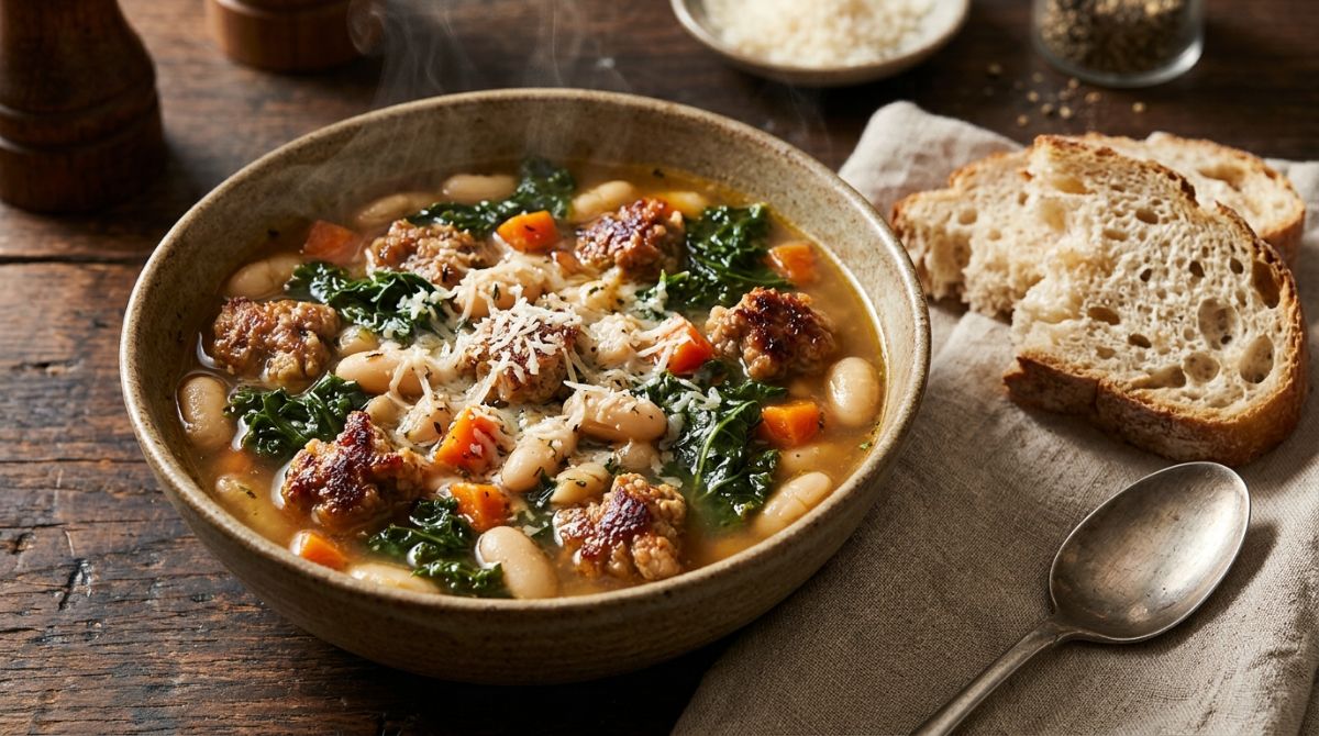 White bean and sausage soup with kale and crusty bread
