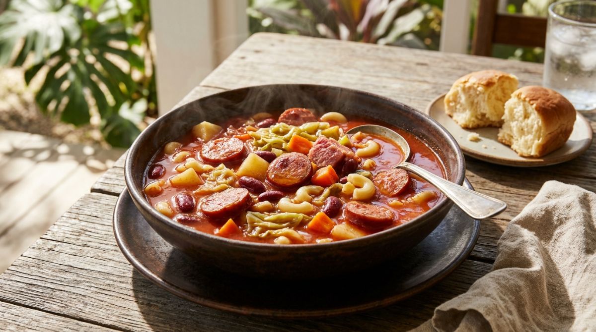 Portuguese style stew with smoked sausage, potatoes and macaroni