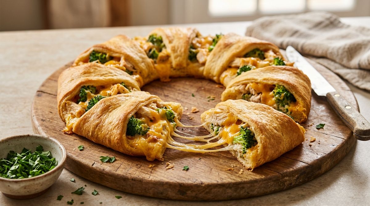 Chicken and broccoli crescent ring with melted cheese