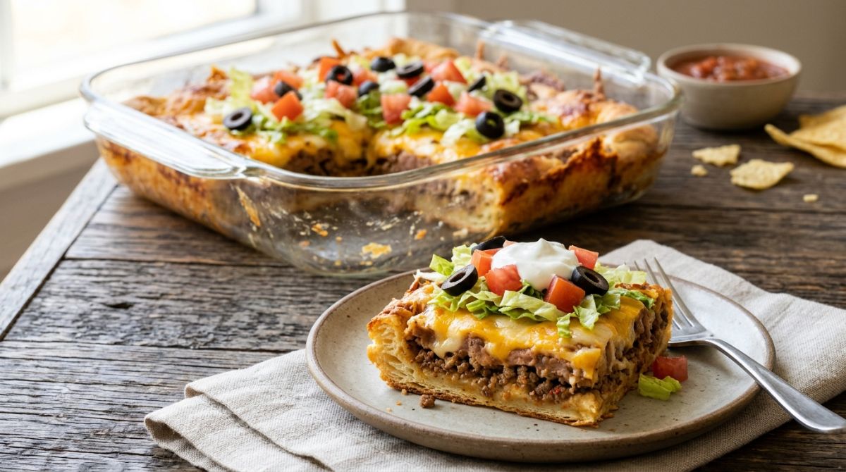 Taco crescent bake with lettuce, tomato and sour cream