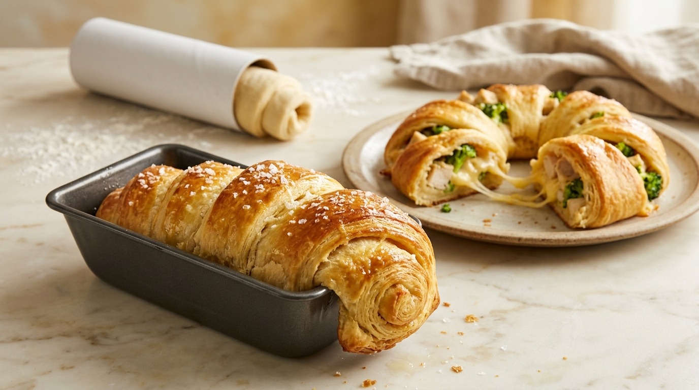 A golden crescent roll loaf in a loaf pan with a stuffed crescent ring behind it