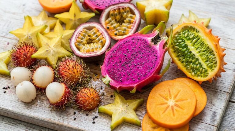 Exotic fruits cut open on a wooden board