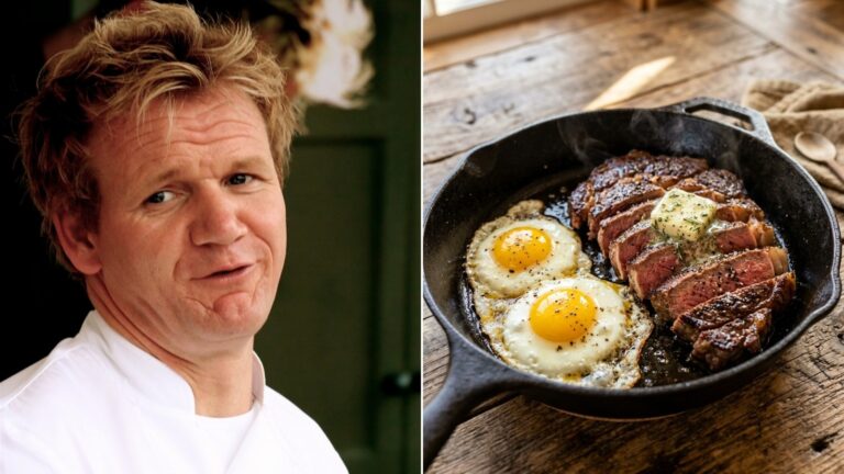 Gordon Ramsay beside a skillet of steak and eggs, the dish he cooked with Matthew McConaughey