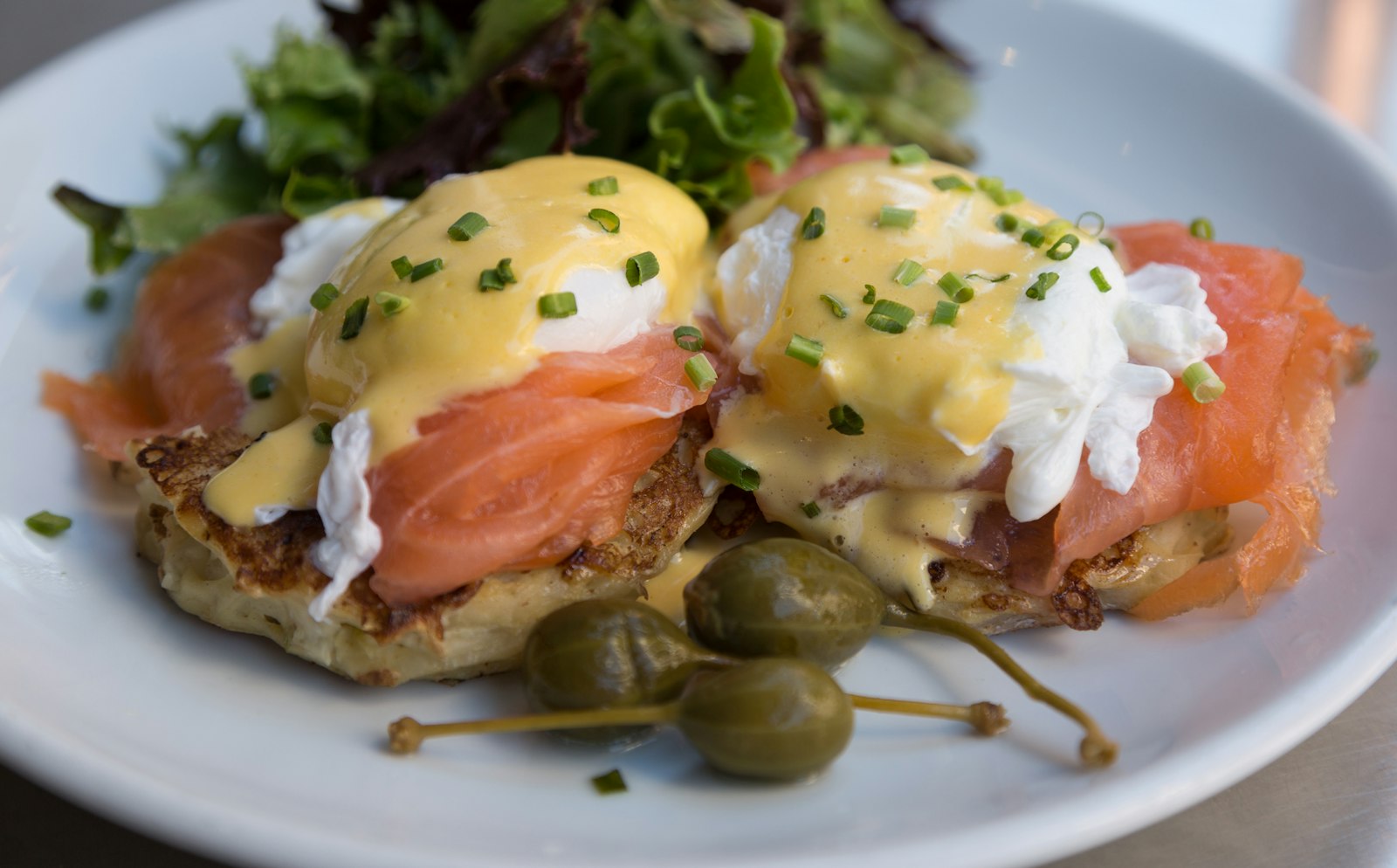 Eggs Benedict with hollandaise on English muffins