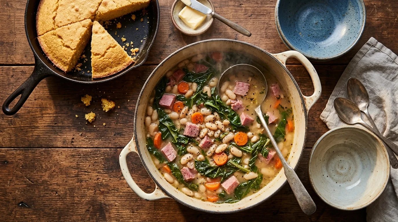 Ham and bean soup in an old Dutch oven with skillet cornbread