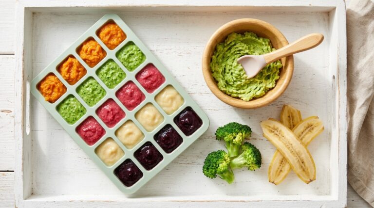 Homemade baby food purees frozen in an ice cube tray with mashed avocado