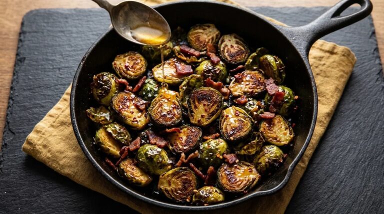 Roasted Brussels sprouts with hot honey and bacon in a cast iron skillet