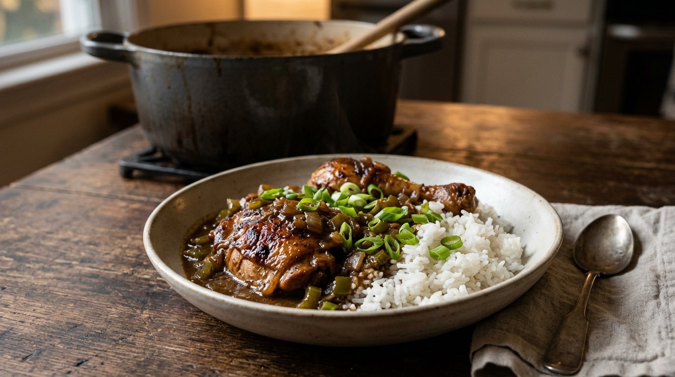 Cajun smothered chicken in brown gravy over white rice