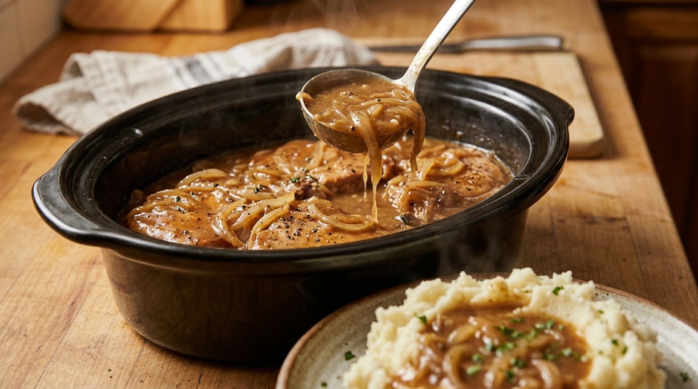 Slow cooker smothered pork chops with a ladle of onion gravy