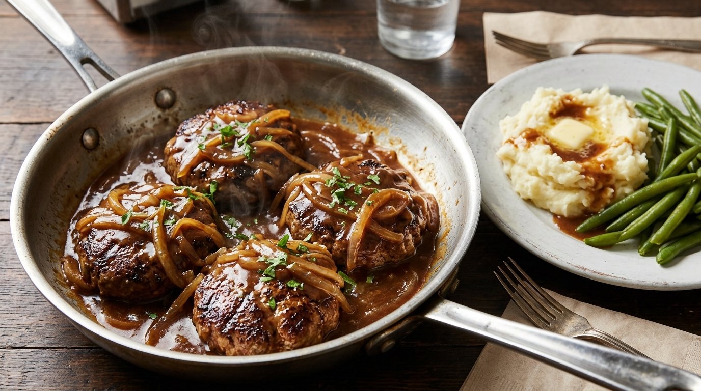 Hamburger steaks smothered in onion gravy, a smothered pork chops style dinner