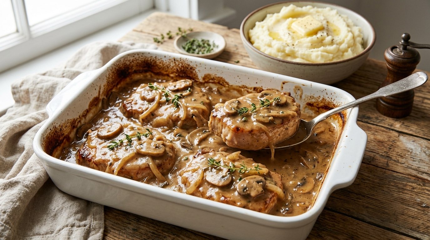 Oven baked smothered pork chops in mushroom onion gravy in a white baking dish