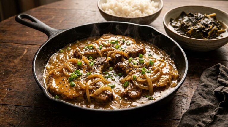 Smothered pork chops in onion gravy in a black skillet with rice and collard greens