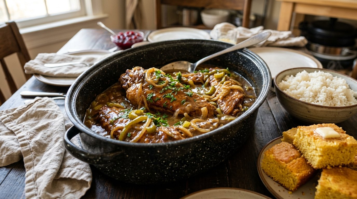 Smothered turkey wings in brown gravy with rice and cornbread