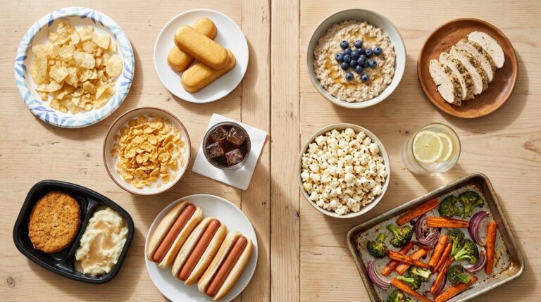 Ultra-processed foods like chips, snack cakes, soda, hot dogs and a frozen dinner next to homemade swaps like oatmeal, roast chicken, popcorn and sparkling water