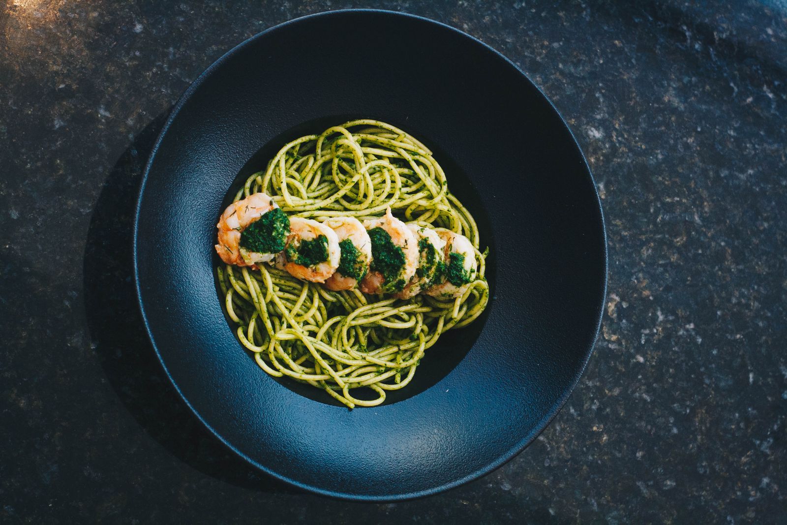 Zucchini noodles with pesto and sliced chicken, a volume eating favorite