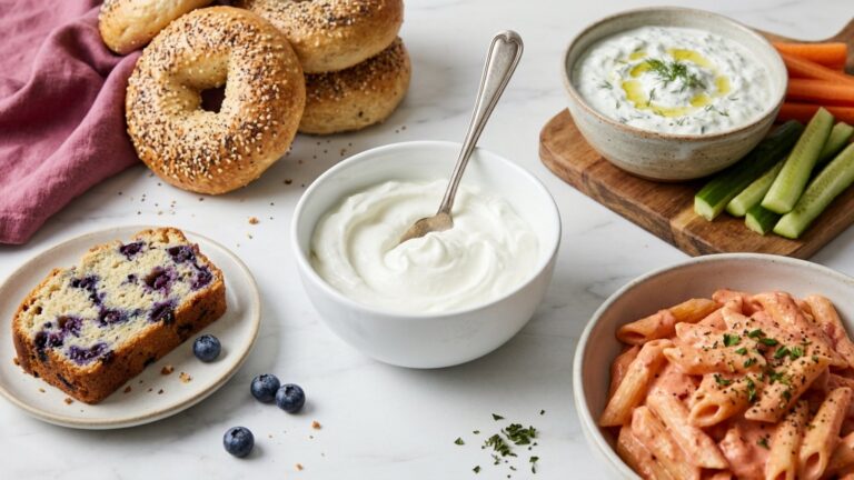 Greek yogurt recipes: a bowl of thick yogurt surrounded by bagels, yogurt cake, dip and pasta