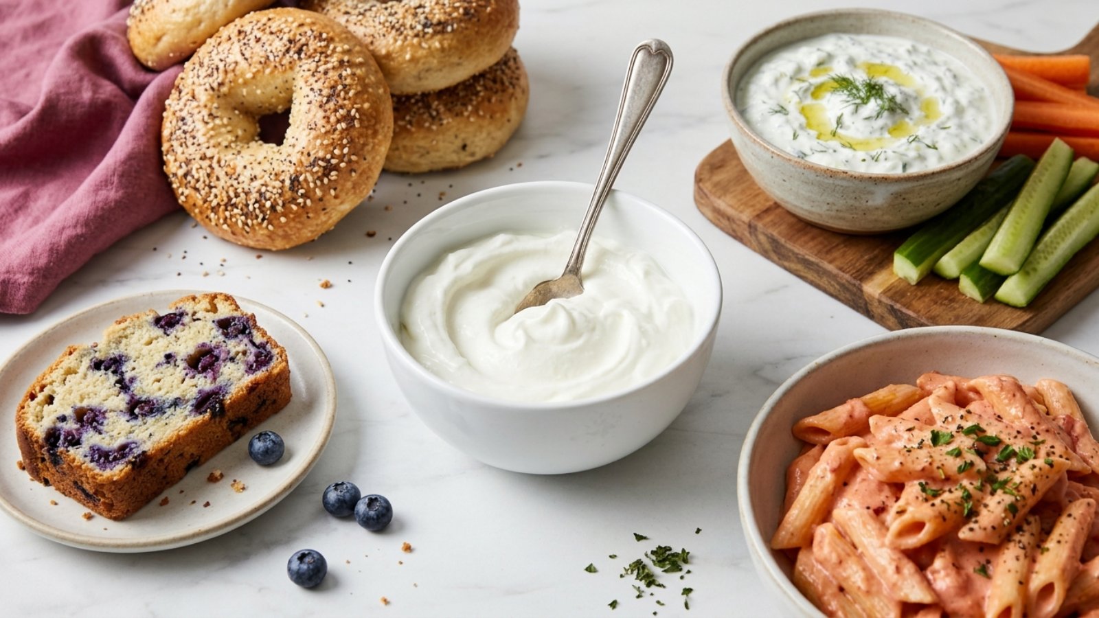 Greek yogurt recipes: a bowl of thick yogurt surrounded by bagels, yogurt cake, dip and pasta