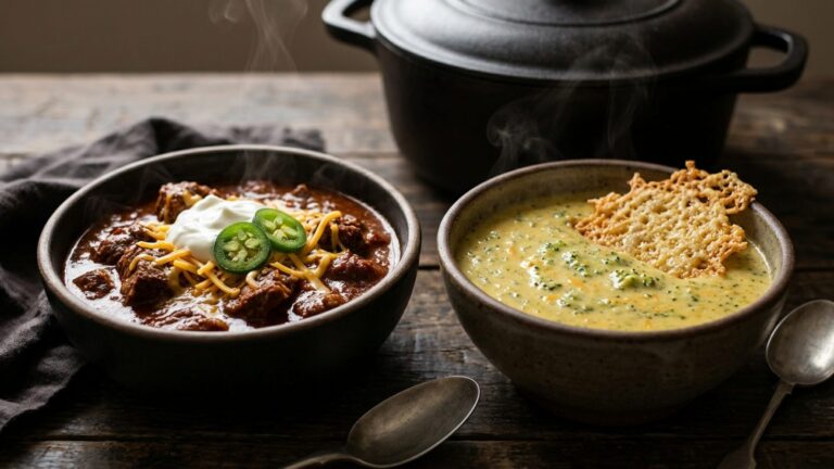 Keto soups: beanless chili with sour cream and cheddar next to broccoli cheddar soup