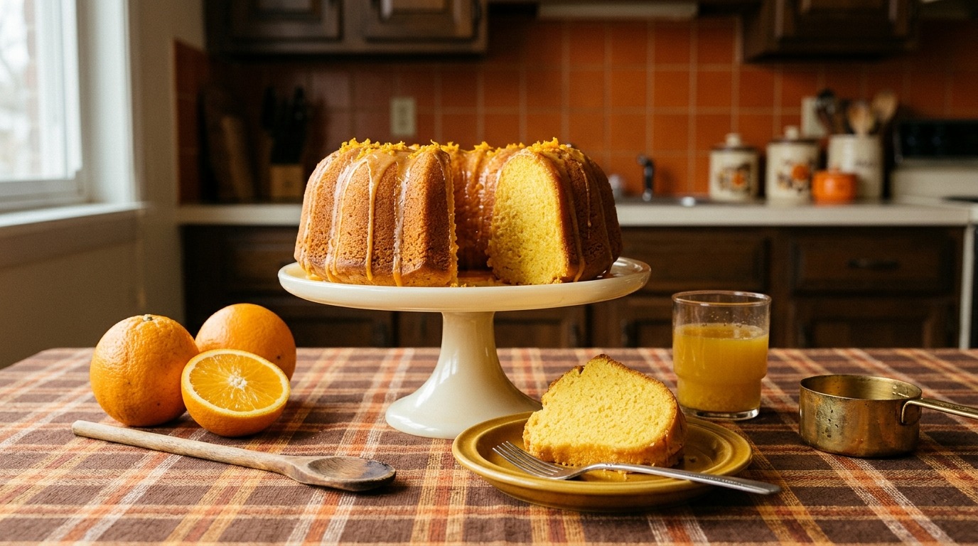 Retro 1970s dessert of glazed orange Bundt cake on a cream cake stand with fresh oranges and a glass of juice