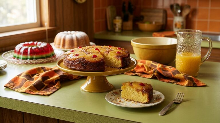 Pineapple upside-down cake with cherries on a gold cake stand in a retro 1970s kitchen