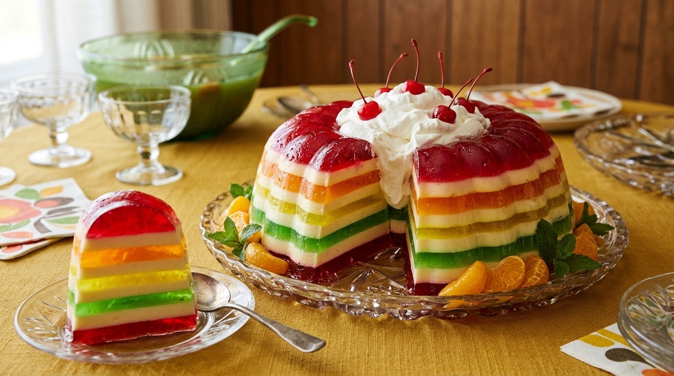 Rainbow layered 1970s gelatin ring mold with whipped cream and cherries on a glass platter