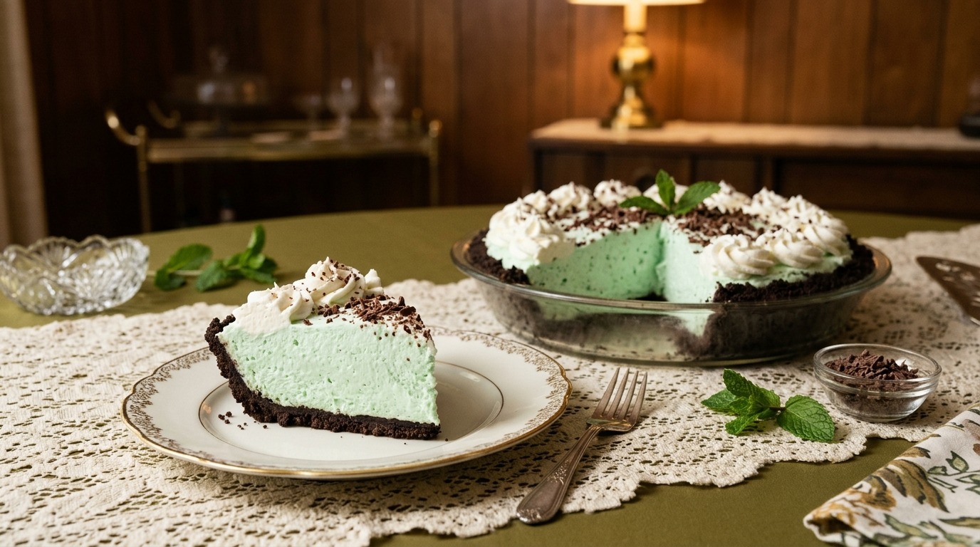 Slice of 1970s mint green grasshopper pie with chocolate cookie crust and whipped cream