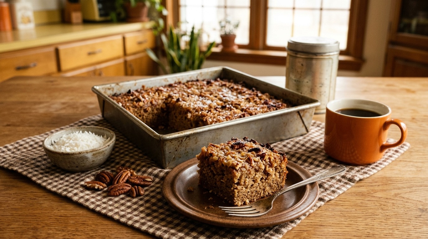 Square of 1970s oatmeal cake with a toasted coconut and pecan topping on a brown plate