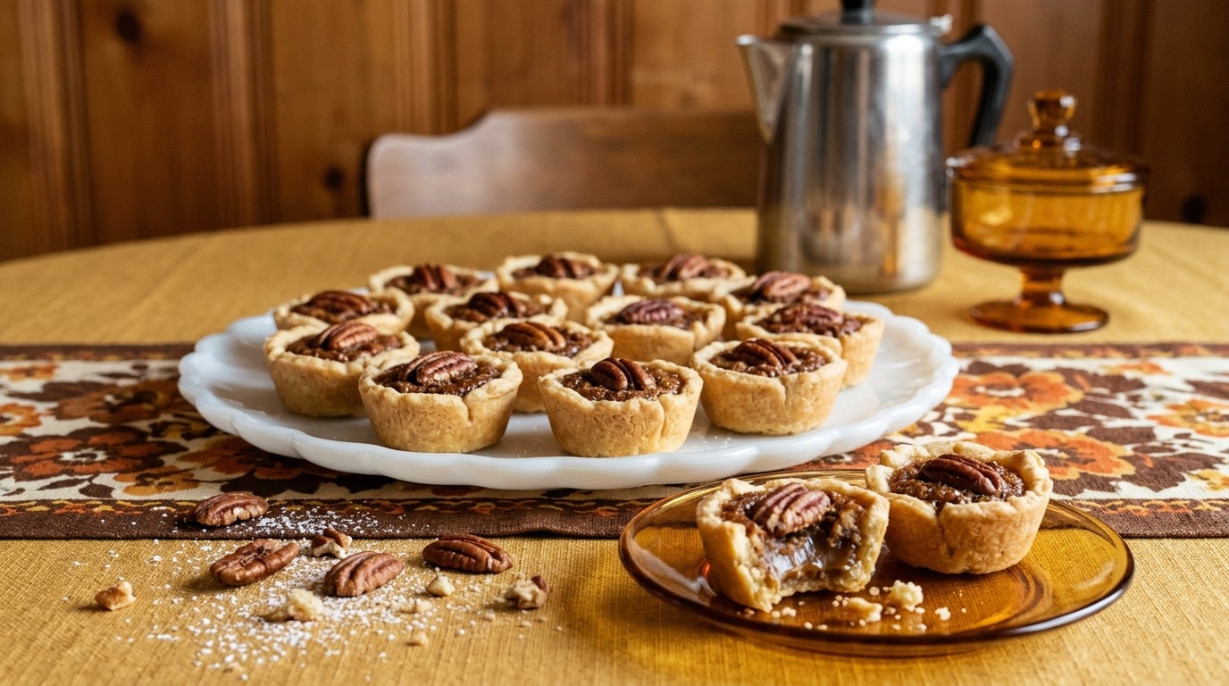 Mini pecan tassies dessert in cream cheese pastry cups on a vintage milk glass platter