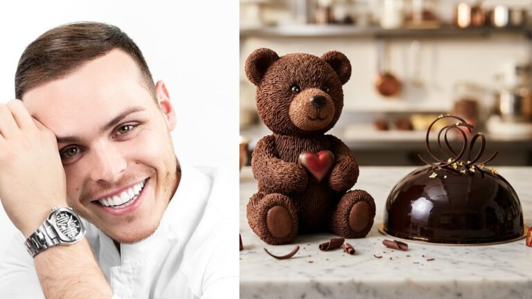 Amaury Guichon desserts cover with the pastry chef and a chocolate bear showpiece