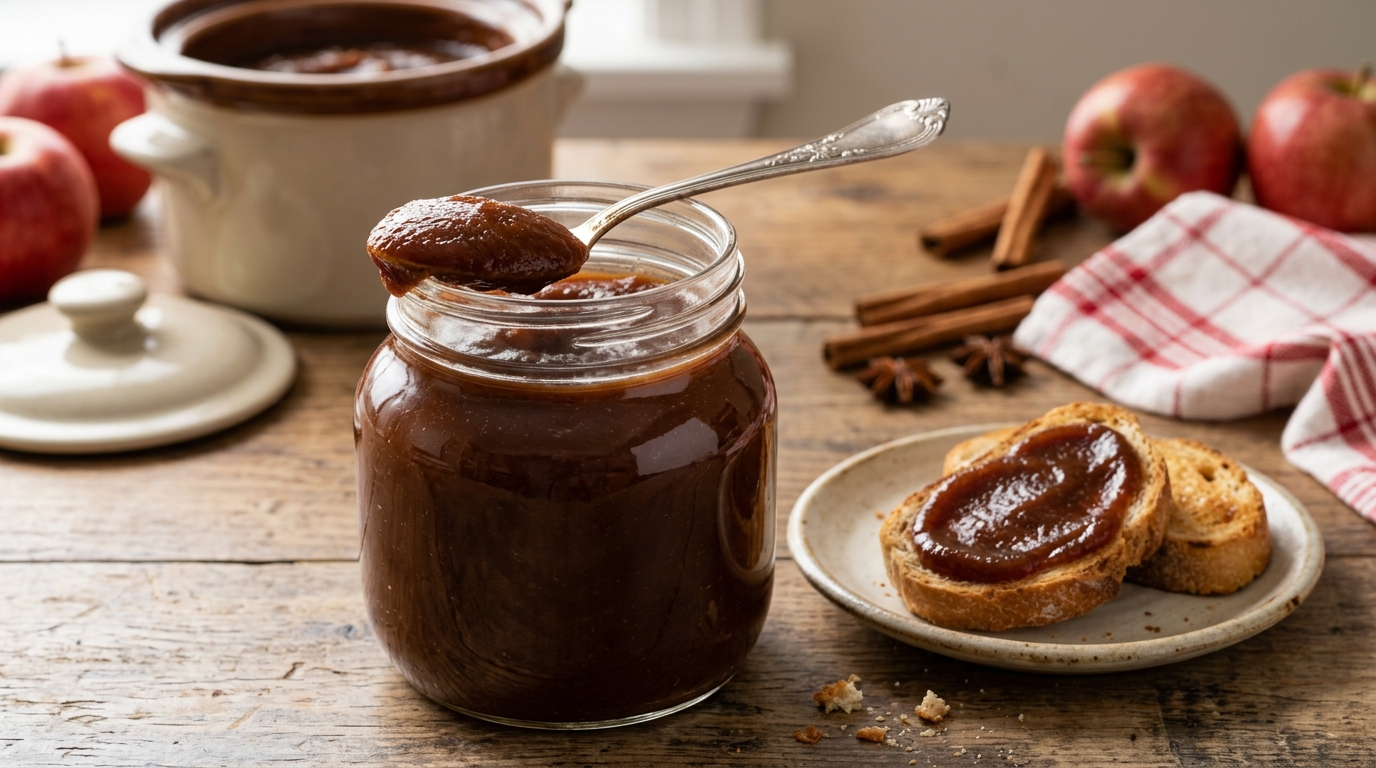 Homemade slow cooker apple butter in a jar with toast