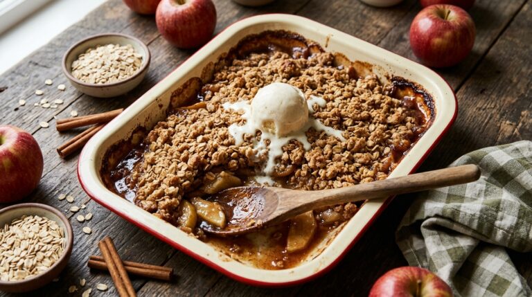 Old fashioned apple crisp with oat topping and melting vanilla ice cream
