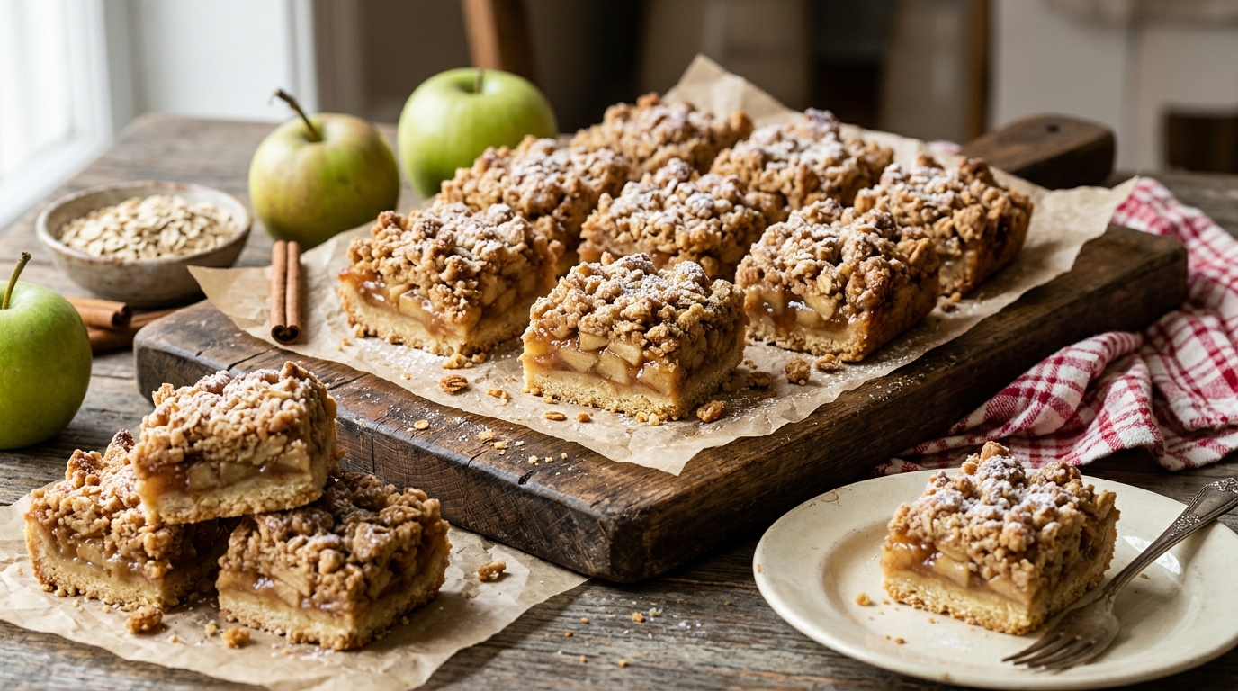 Layered crumble bars with oat topping on parchment
