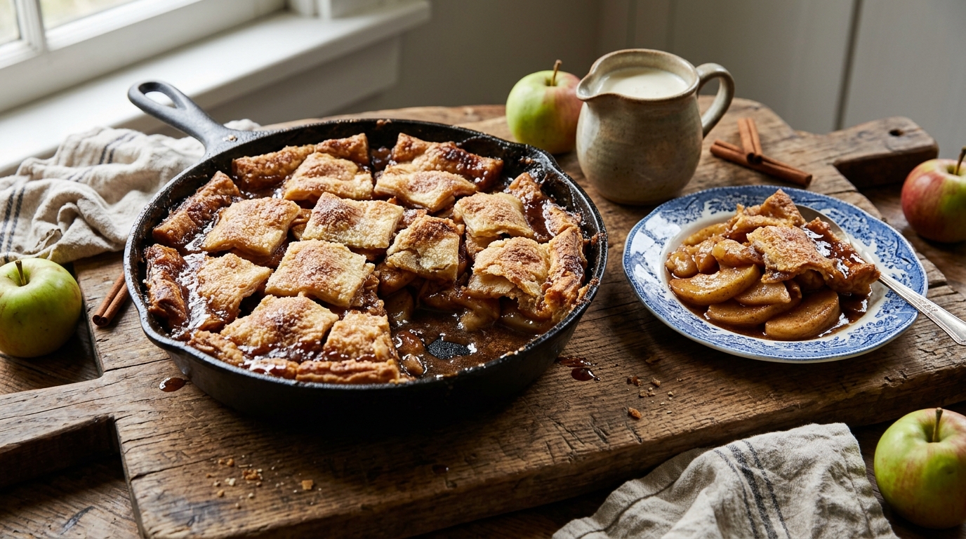 Apple pandowdy with pressed pastry squares in a cast iron skillet