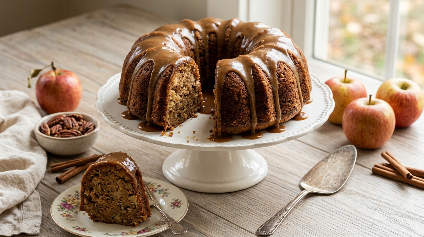 Apple spice bundt cake with brown sugar glaze on a cake stand