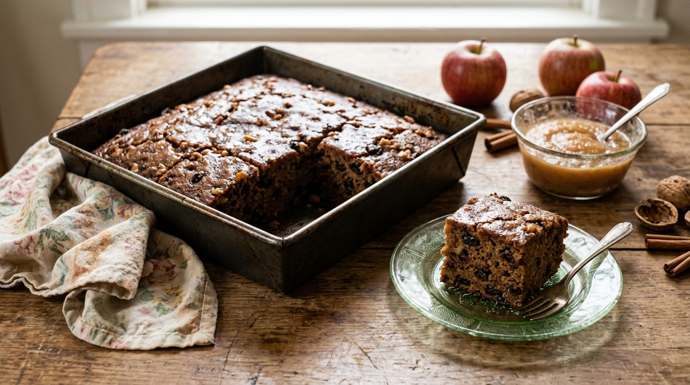 Spiced raisin and walnut cake squares in a metal pan