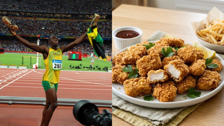 Usain Bolt celebrating in Beijing beside homemade chicken nuggets, one of the athletes favorite meals