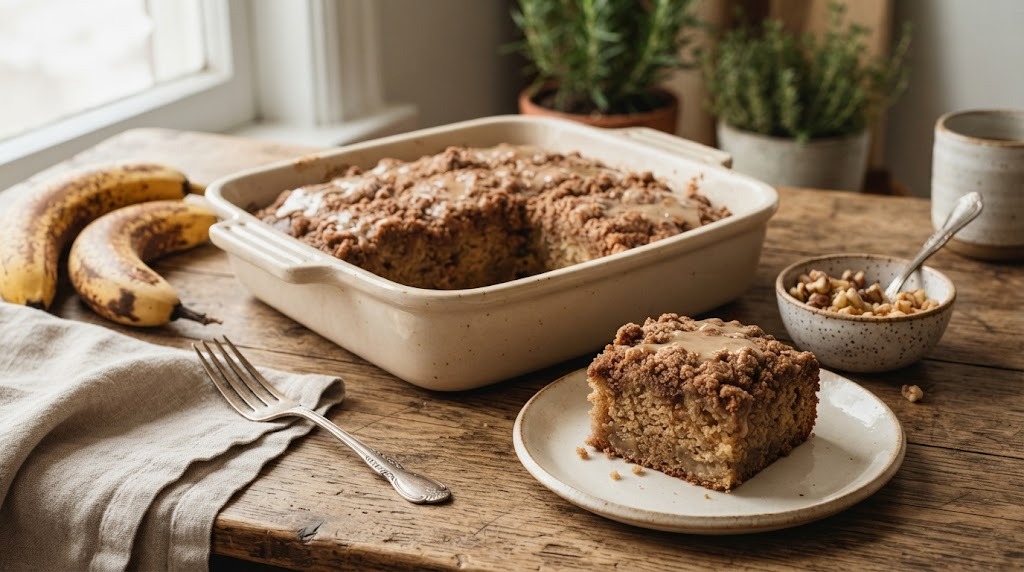 Brown butter banana coffee cake with cinnamon streusel