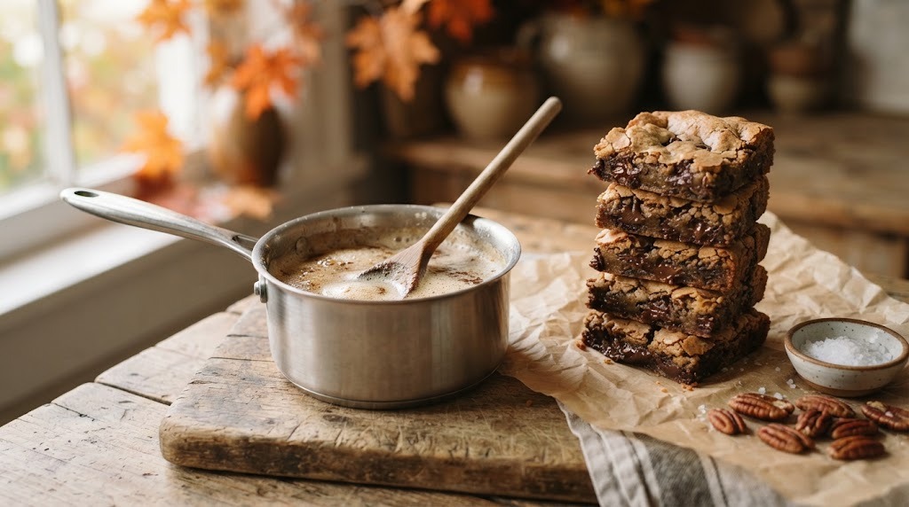 Saucepan of golden brown butter beside a stack of brown butter blondies