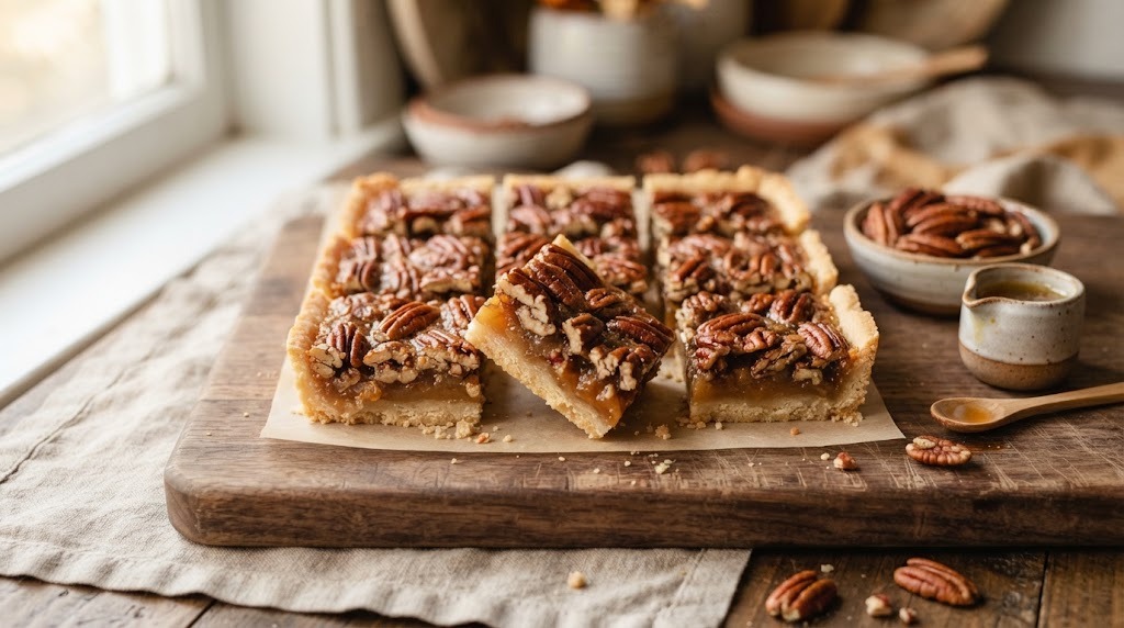 Pecan pie bars with a shortbread crust on a cutting board